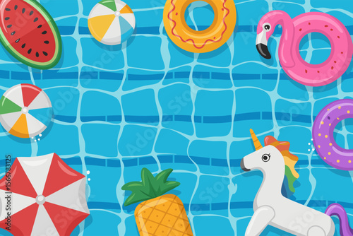 Flamingo pool float and colorful inflatables in a blue pool; ideal for summerthemed designs, pool party invitations, and vacation advertisements.