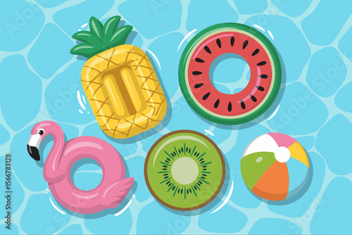 Flamingo pool float with inflatable fruit and beach ball for a vibrant summer pool party scene or social media post.