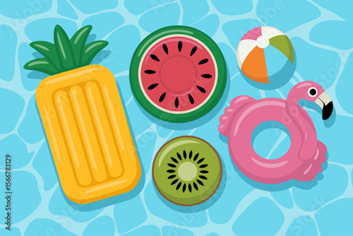 Flamingo pool float with inflatable fruit and beach ball for a vibrant summer pool party scene or social media post.