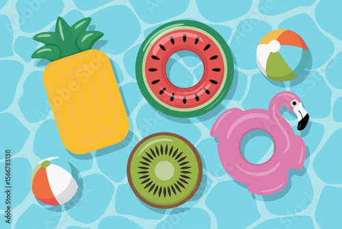 Flamingo pool float with inflatable fruit and beach ball for a vibrant summer pool party scene or social media post.