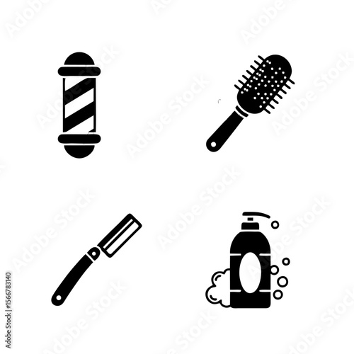 Barber Shop & Hair Care Essentials: Pole, Hair Brush, Straight Razor, and Shampoo Bottle Icons
