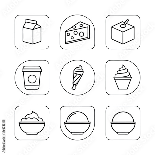 Minimalist Dairy Product Icon Set – 9 Thin Line Vector Icons in 3x3 Grid