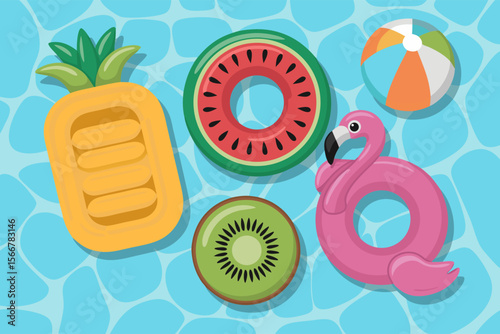 Flamingo pool float with inflatable fruit and beach ball for a vibrant summer pool party scene or social media post.