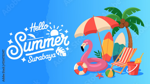 Flamingo pool float brightens a summer scene with beach chair surfboards, suitable for summer vacation and beachthemed designs.