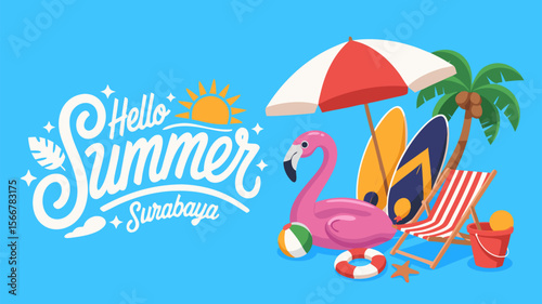 Flamingo pool float brightens a summer scene with beach chair surfboards, suitable for summer vacation and beachthemed designs.