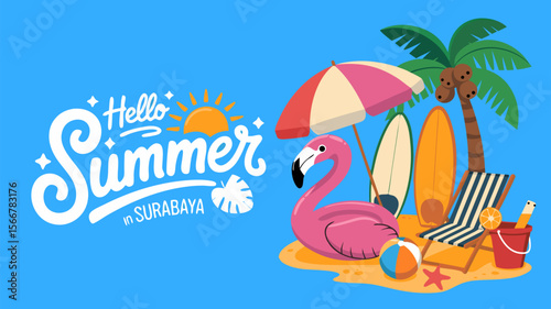 Flamingo pool float brightens a summer scene with beach chair surfboards, suitable for summer vacation and beachthemed designs.