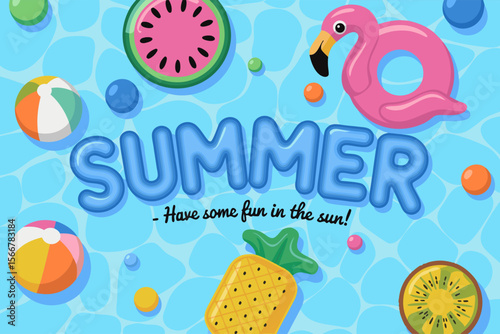 Flamingo pool float surrounded by fruity pool floats and balls, perfect for summer beach or pool party invitations and graphics.