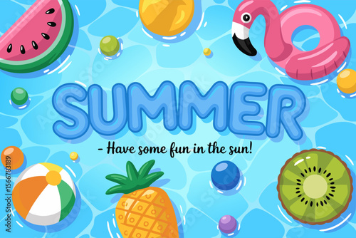 Flamingo pool float surrounded by fruity pool floats and balls, perfect for summer beach or pool party invitations and graphics.