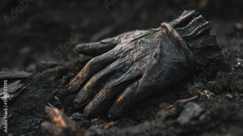 Charred glove on ashy ground