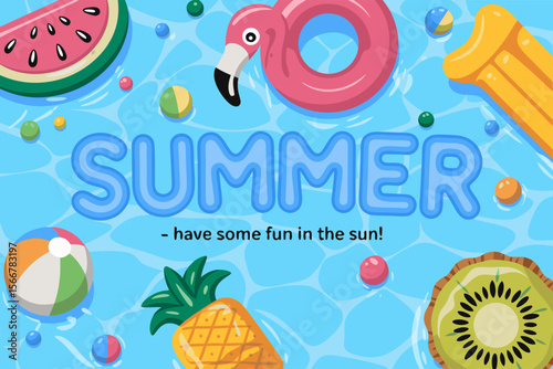 Flamingo pool float surrounded by fruity pool floats and balls, perfect for summer beach or pool party invitations and graphics.