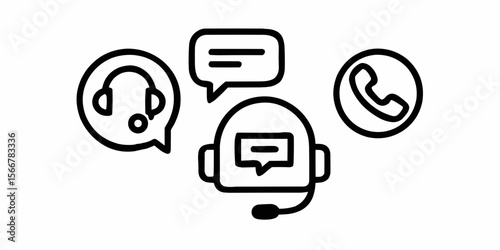 Illustration of customer service icons including headset, speech bubble, and phone receiver symbol