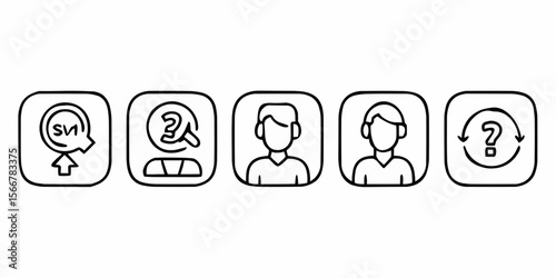 Five icons representing feedback, question, user profile and process of asking questions online