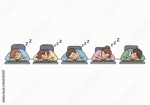Cartoon Illustration Exhausted Employee Sleeping at Desk Office Workplace