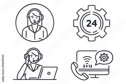 A set of four customer service icons depicting support agents, gears, and communication devices online