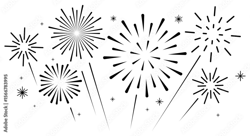 Obraz premium Fireworks black and white simple modern line art flat vector icons isolated on white background, Celebration banner elements design for Christmas, New year, Holiday, Anniversary, Party, Diwali
