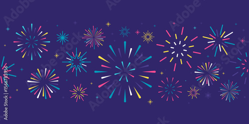 Colorful sparkling fireworks burst festive celebration party banner vector, Set of modern exploding firework icons with stars & sparks for Christmas, Holiday, Diwali, Business, Ads