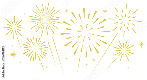 Modern festive golden fireworks set with stars and 
sparks isolated on white background, icons vector 
illustration for Christmas, Happy New year, Holiday, 
Anniversary, Party, Diwali, Celebration BG