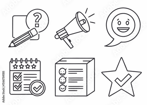 Illustration of feedback icons including a survey, megaphone, speech bubble and a star symbol