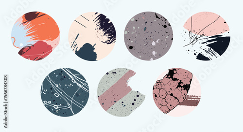 Abstract circular graphic elements featuring diverse textures and organic brush strokes with artistic color palettes creating visually engaging patterns