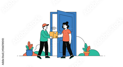 Friendly courier delivers package to customer at their home entrance opening the door with a smile