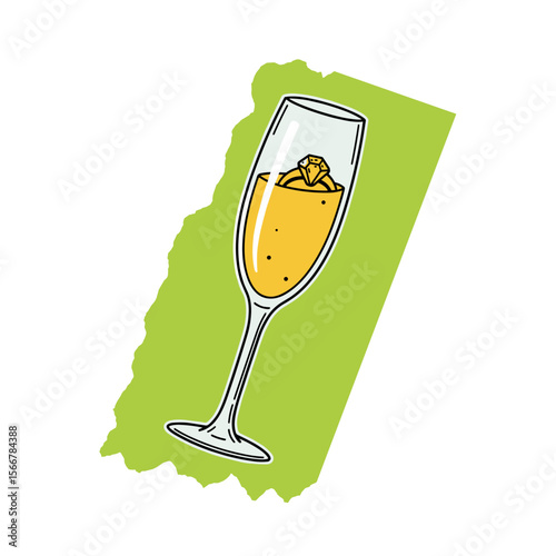 Champagne glass with yellow cocktail on green background  