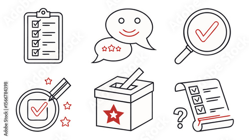 Illustration of clipboard checklist, speech bubbles, magnifying glass, and ballot box icons