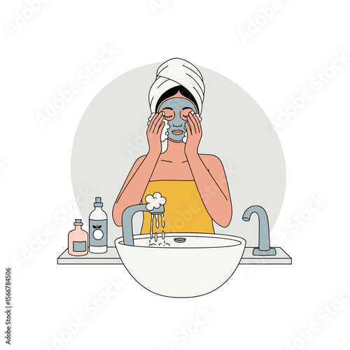 Woman washing her face at bathroom sink in casual home setting  