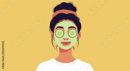Relaxed woman with cucumber slices on her eyes and green facial mask  