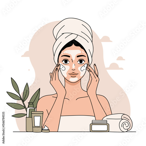 Young woman applying cream on face with towel in spa setting