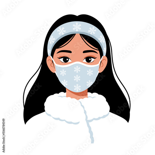 Young woman wearing a snowflake mask and cozy white outfit  