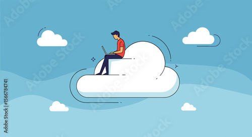 Man working on laptop computer while sitting on a cloud above a blue sky with white clouds around him