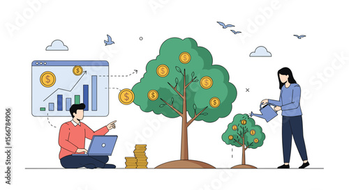 Illustration of people cultivating financial growth and investment strategies with a laptop charts and money trees