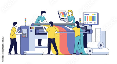 Efficient large format printing operation with skilled technicians carefully operating modern machinery for high quality graphic production