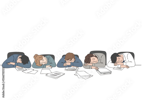 Simple Lineart Tired People Sleeping on Desk at Work Illustration