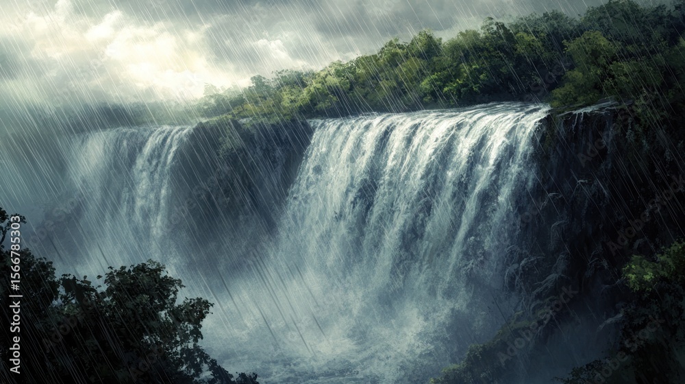 Fototapeta premium Rainstorm Cascades Over Lush Jungle Waterfall