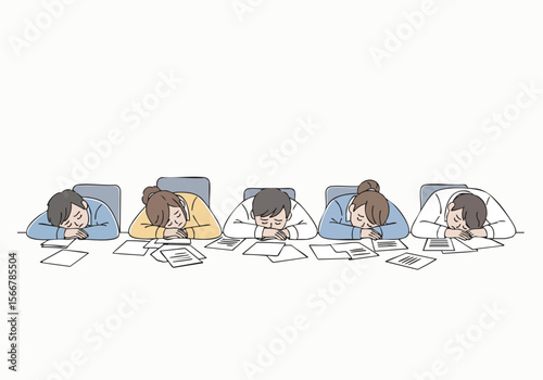 Handdrawn Bored Tired Employee Sleeping at Desk in the Office Illustration
