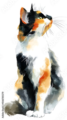 Watercolorstyle painting of a calico cat sitting upright looking to the right