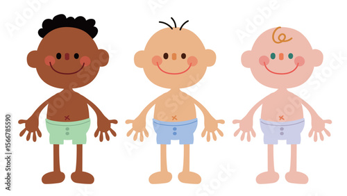 Cute Cartoon Baby Boys Character of Diverse Ethnicities Vector Set for children’s designs, educational materials, nursery art, baby shower invitations, or playful graphic projects