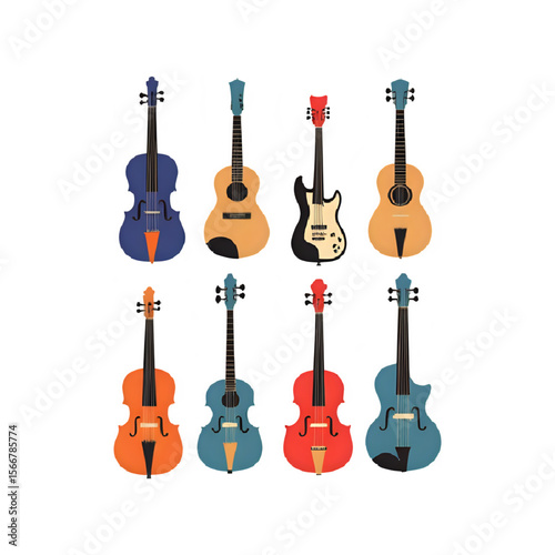 Vector illustration of assorted musical instruments guitars and violins set art