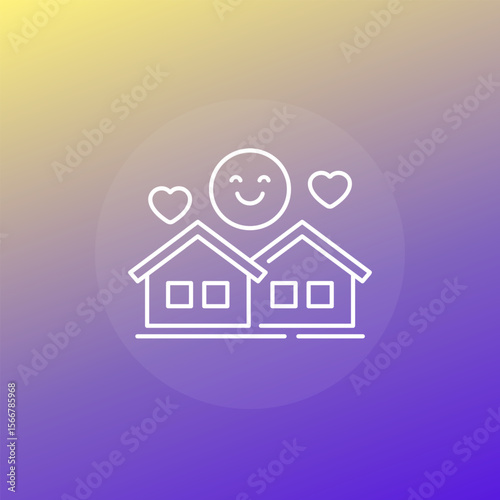 neighborhood icon with houses and happy emoji, good community line design