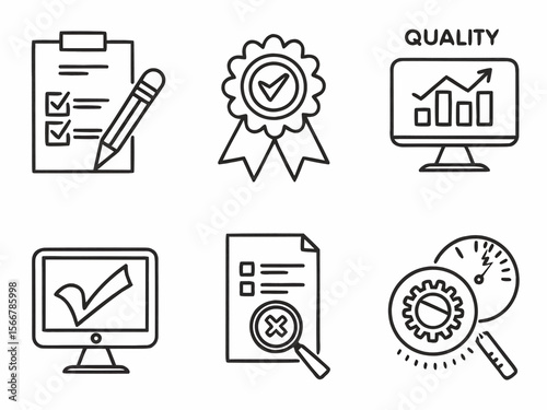 Collection of quality assurance icons featuring checklist, ribbon, computer monitor, and other symbols