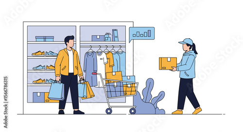 Customer receiving package from delivery person in clothing store fitting room stocking shelves with apparel