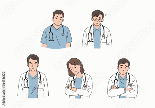 Handdrawn Depressed Doctor Character with Stethoscope Medical Healthcare People Illustration
