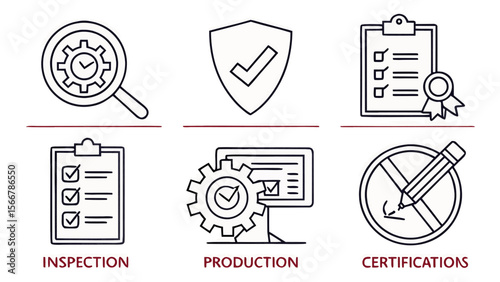 Illustration showing inspection, production, and certifications with icons and process management tools