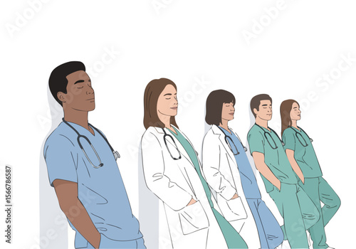Flat Style Exhausted Doctors Leaning on Wall After Long Shift Illustration