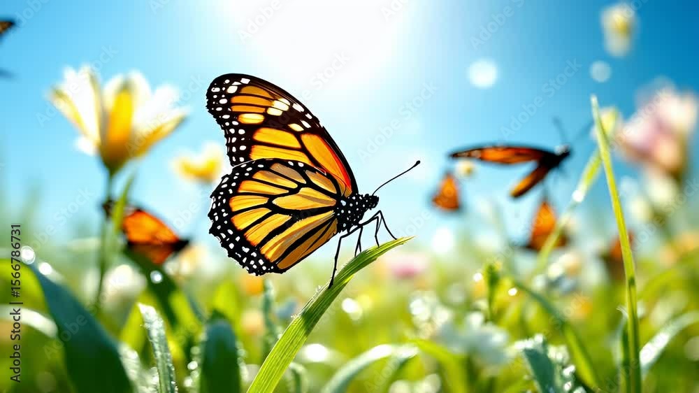 Monarch Butterfly Meadow: Serene Springtime Flight, 4K Ultra HD Stock Footage
