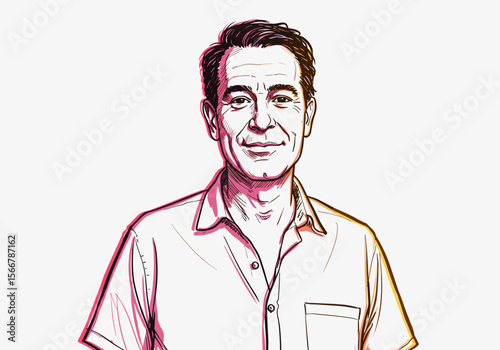 Man smiling in a casual shirt with colorful sketch style background  