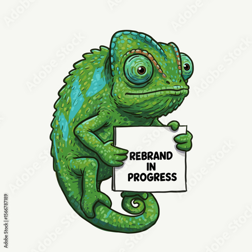 Chameleon holding a sign that reads "Rebrand In Progress"  