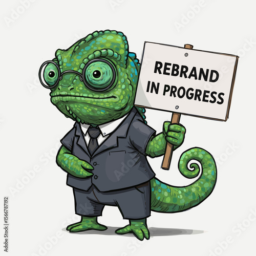 Cartoon chameleon wearing glasses and suit holding rebrand sign  