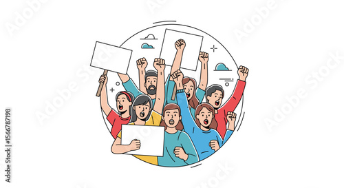 A group of people gathered together raising their fists and holding blank signs showing solidarity and protest against an unseen issue in a circular design